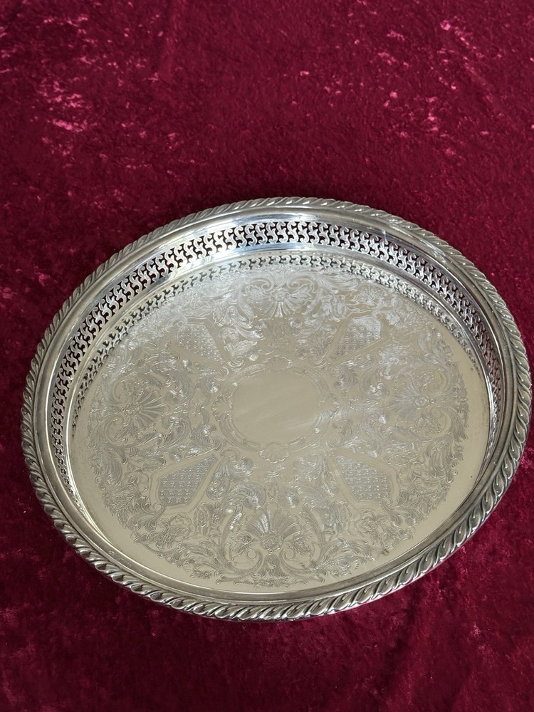 VTG Silver-plate 13” Tray Oneida USA with Scroll Etching Raised Rim Pierced.