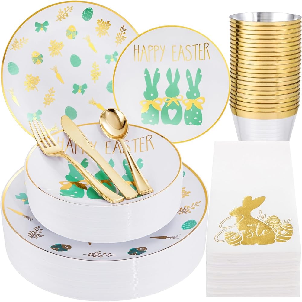 Easter Plastic Plates, Bunny Plastic Disposable Dinnerware Set