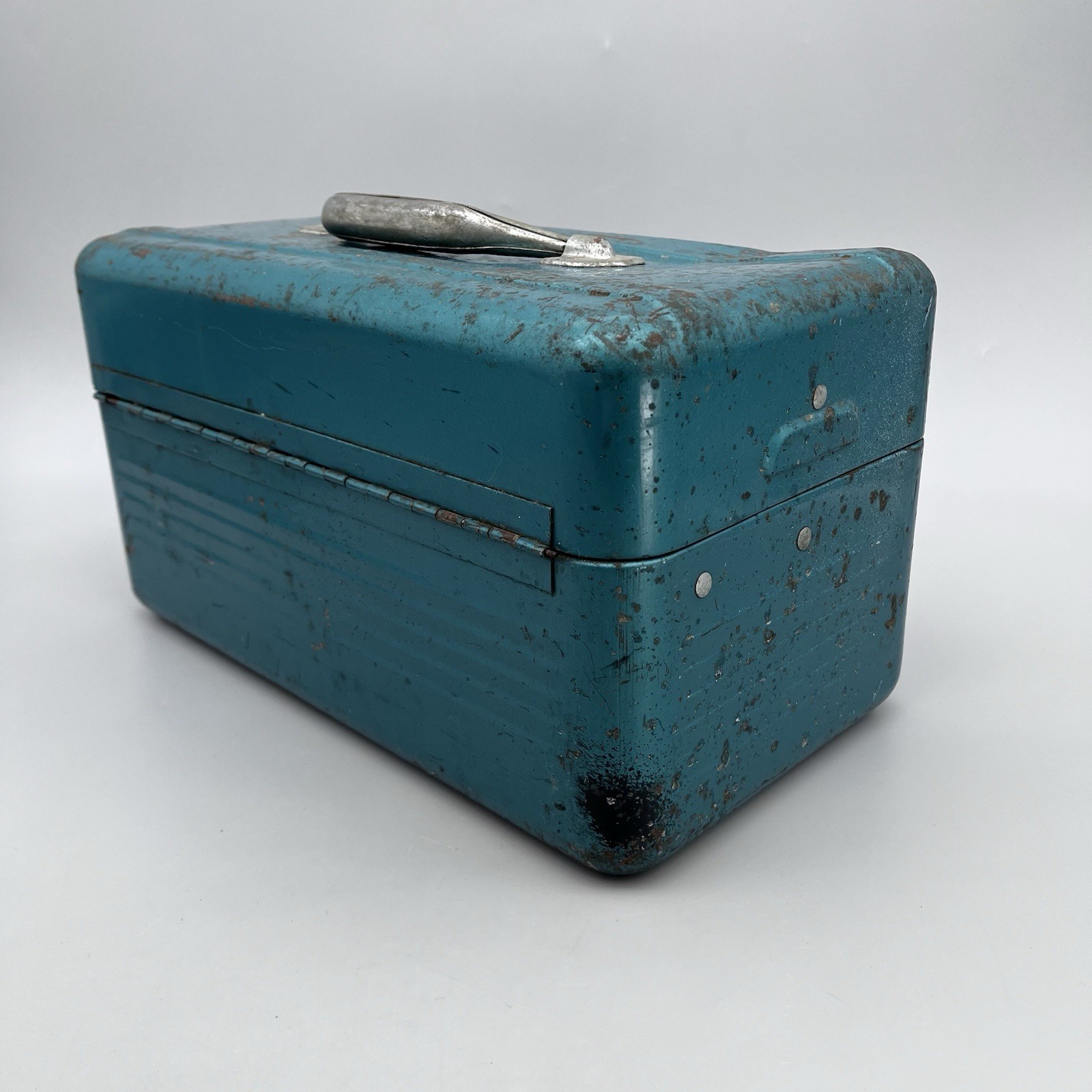 VTG Simonsen Green Teal Metal Tool Tackle Box 14" x 8" 2 Trays Industrial Patina