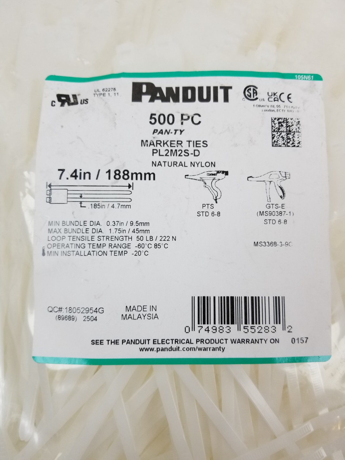 500 Panduit PL2M2S-D Marker Tie 50LB 7.40" Length Natural Color NEW