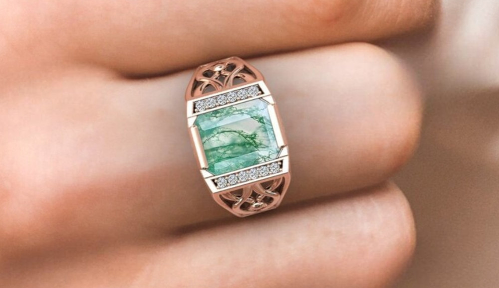 Handmade 925 Sterling Silver Moss Agate Ring, Rectangular Gothic Statement Ring