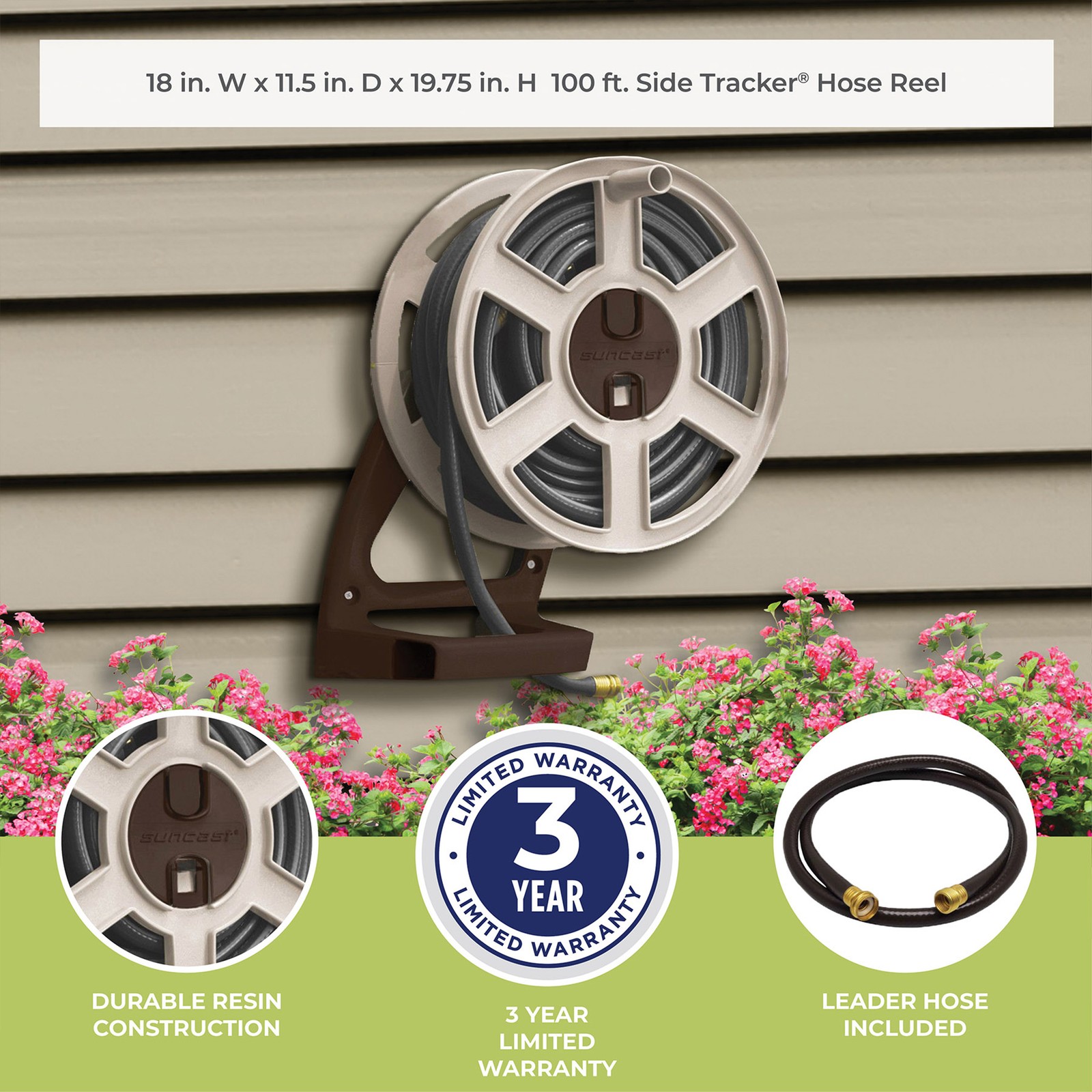 Suncast Sidewinder 100-Foot Wall Mount Garden Hose Reel, Taupe