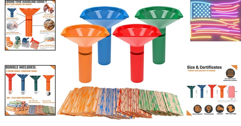 Coin Storage & Sorter Tubes 4 Color – Coded Coin Counters Tubes and Assorted ...