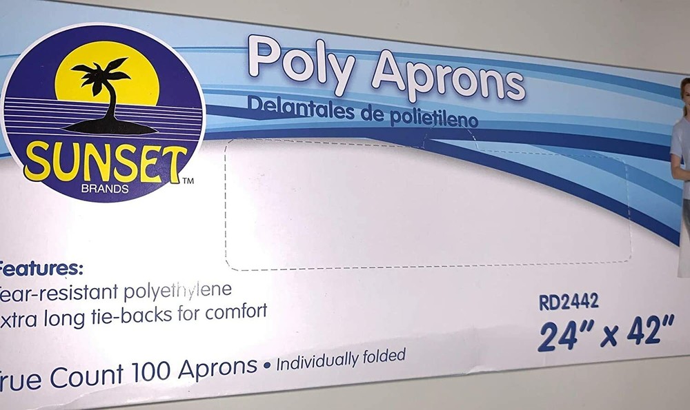 100 Poly Aprons Folded-Tear Resistant Polyethylene Extra Long Tie Sunset 24"x42"
