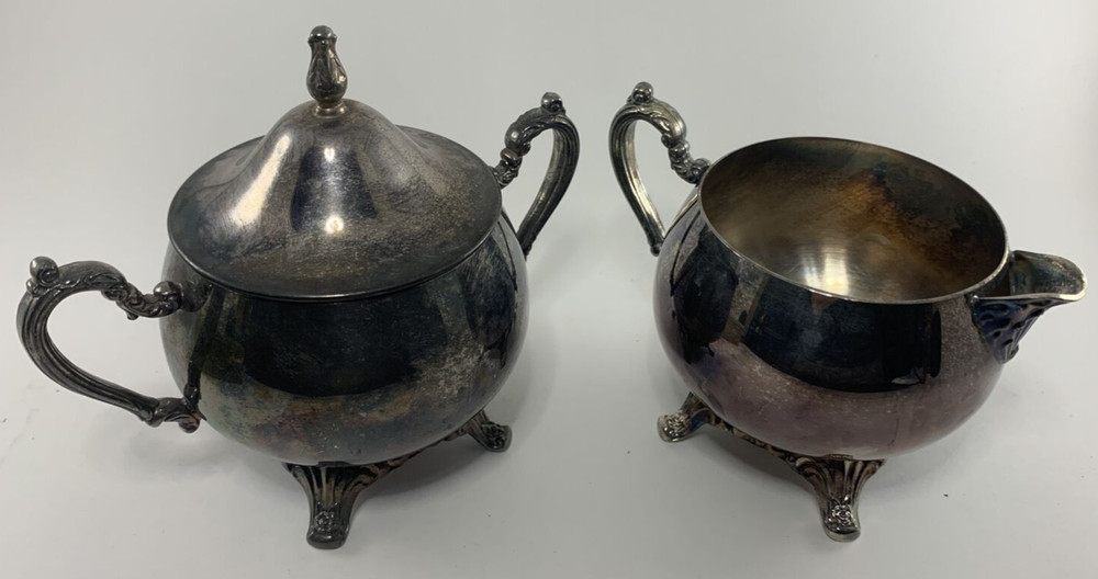 Antique Brass Cream & Sugar Set 3” Tall Footed VINTAGE