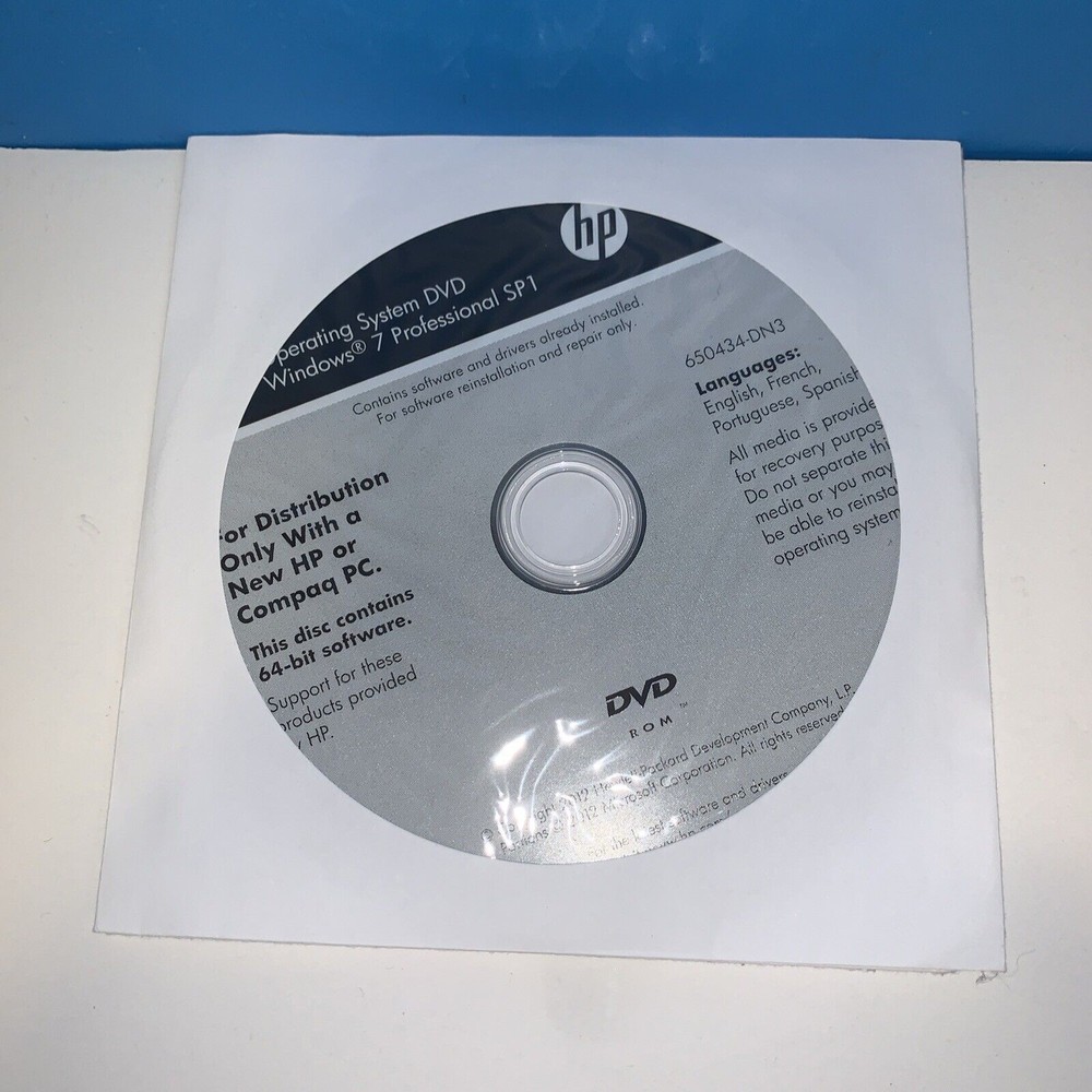 Microsoft Windows 7 Pro 64-Bit SP1 Install DVD (HP) 650434-DN3