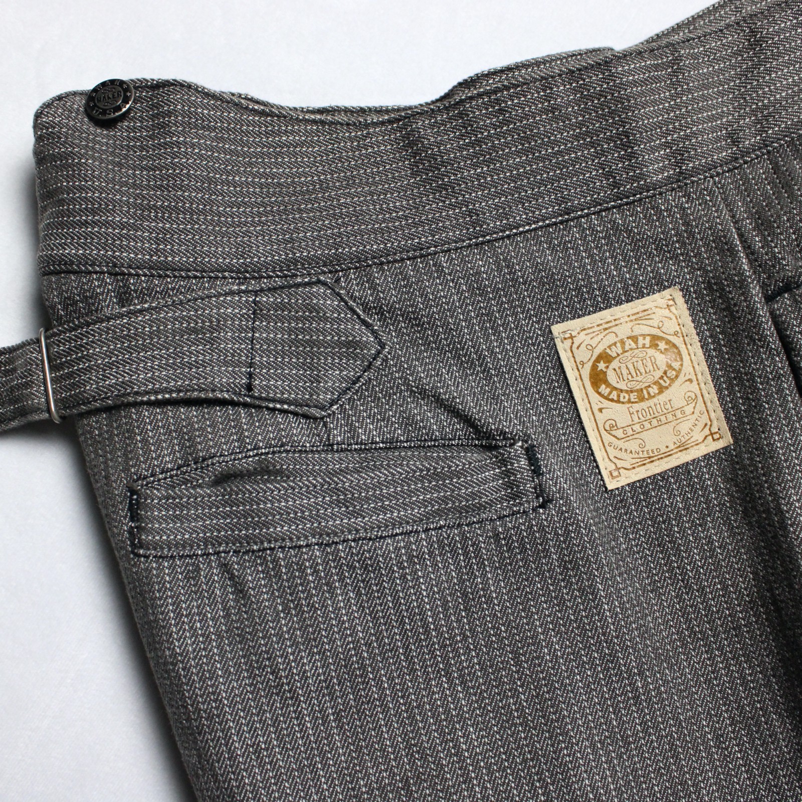 WahMaker Frontier Clothing Warm Gray Striped Cotton Cinch-Back Trousers 40x37.5