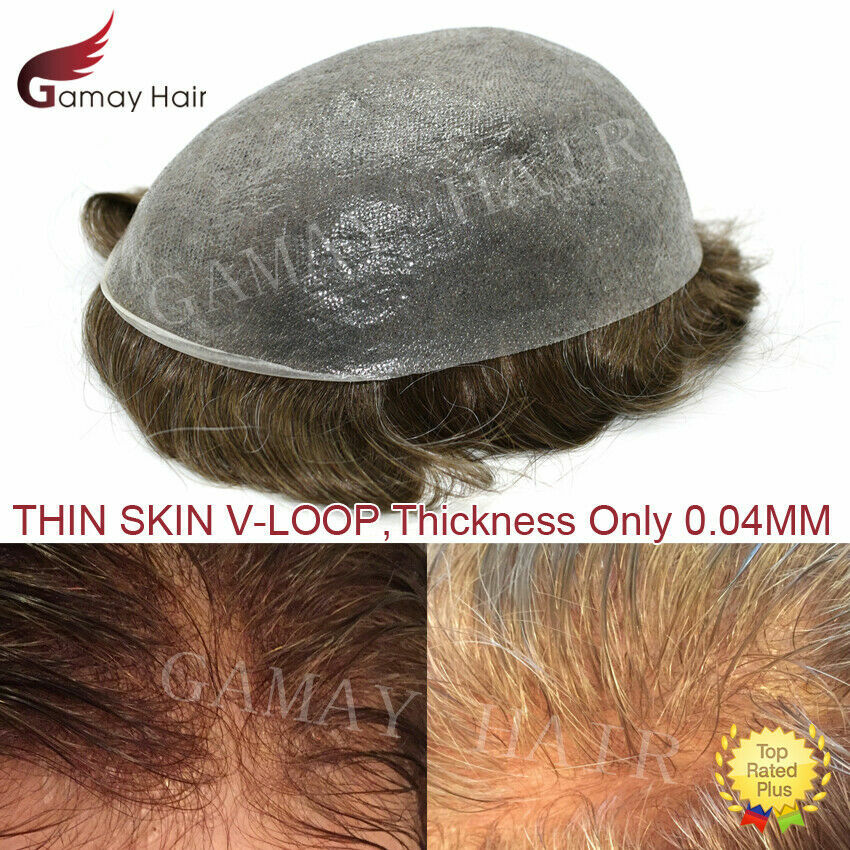Mens Toupee Hair Replacement Invisible Ultra Thin Skin V-Loop Hair Piece System