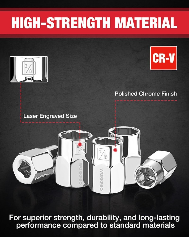 WORKPRO 10PC 3/8" Dr Socket Set Standard & Shallow Socket & Socket Organizer SAE