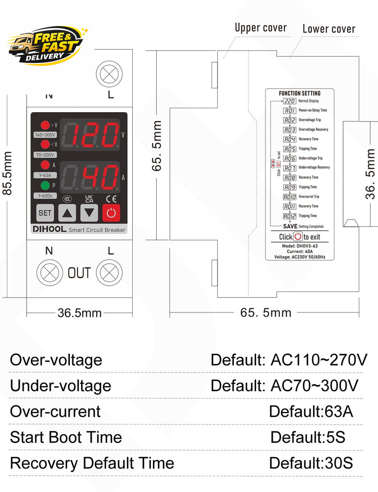 Adjustable Voltage Protector 110V 220V, Low/High Voltage Cutoff and Overcurrent