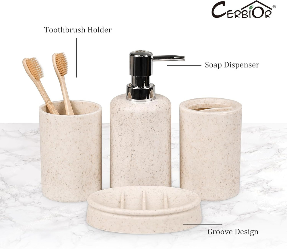 Bathroom Accessories Set 6 Piece Wheat Straw Bath Ensemble Includes Soap Dispens