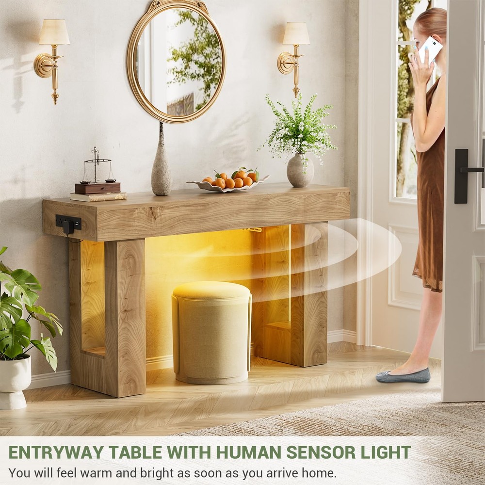 47" Entryway Table with Socket and Sensor Light, Narrow Console Table with St...