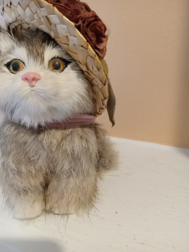 Fancy Cat Kitten Rabbit Fur Straw Hat 5.5" Figure