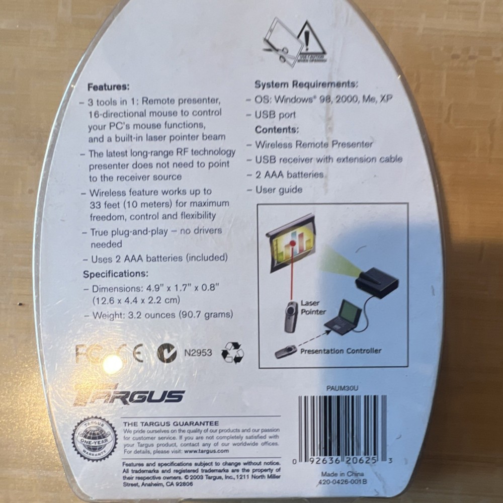 Targus PAUM30U Wireless Pointer, Laser Presenter, USB, Plug & Play, Black