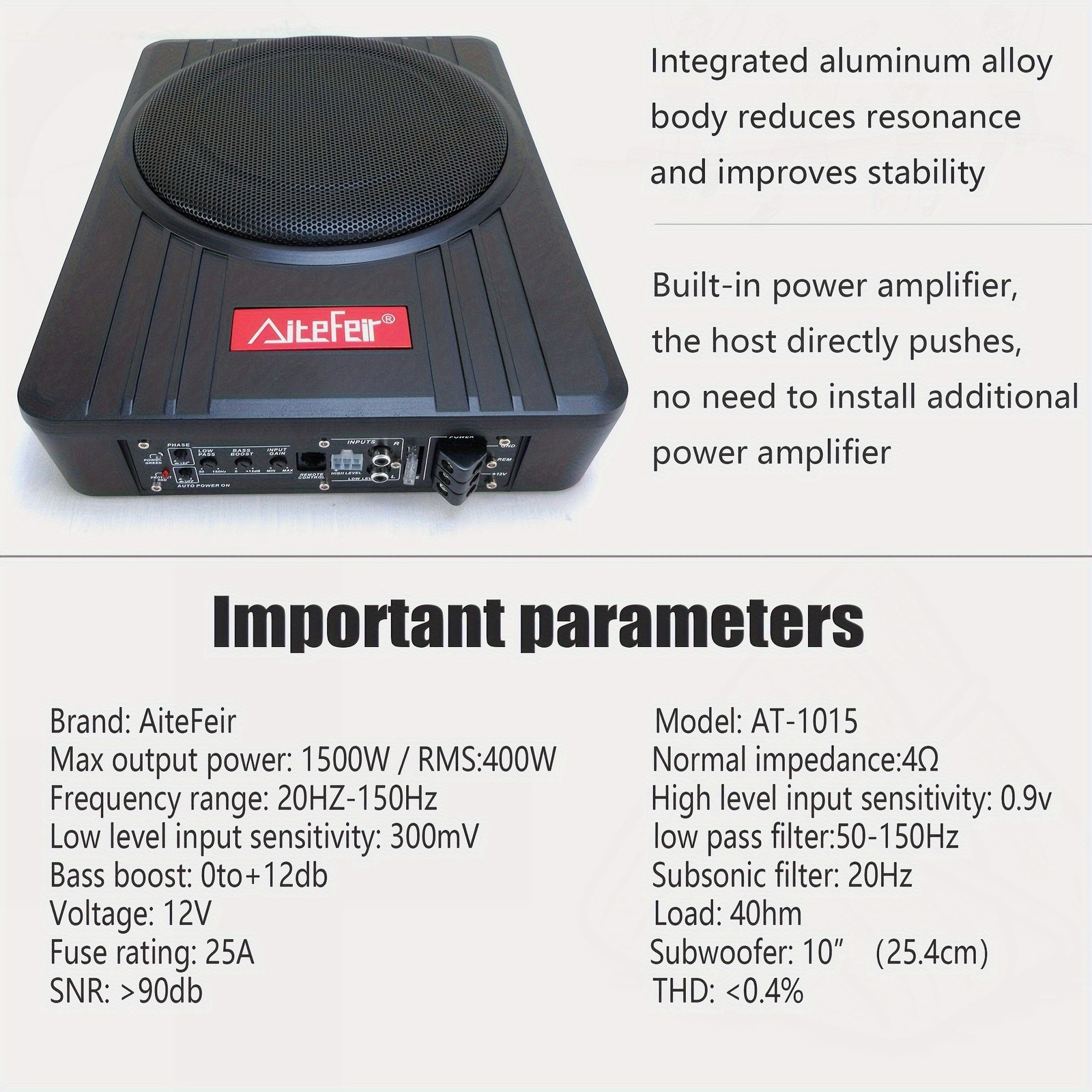 10" 1500W Car Subwoofer - Ultra-Slim Under-Seat, Built-in Amp, Enclosed
