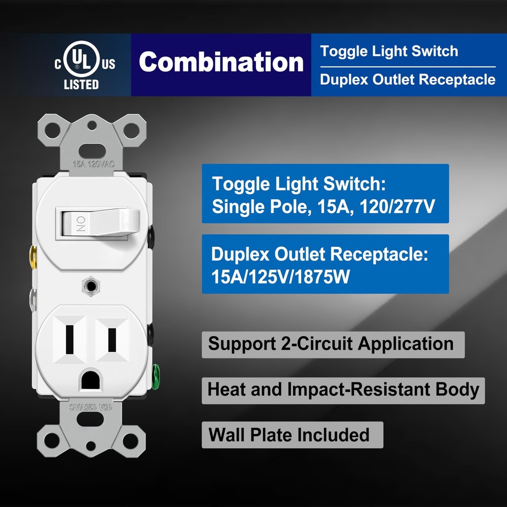 BESTTEN 2 Pack Combination Toggle Light Switch and Duplex Receptacle Outlet, ...