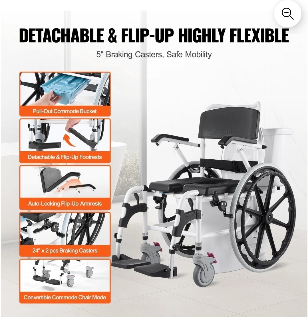 Shower Wheelchair, 17.5in Width Aluminum Alloy Bathroom Wheelchair for Ins