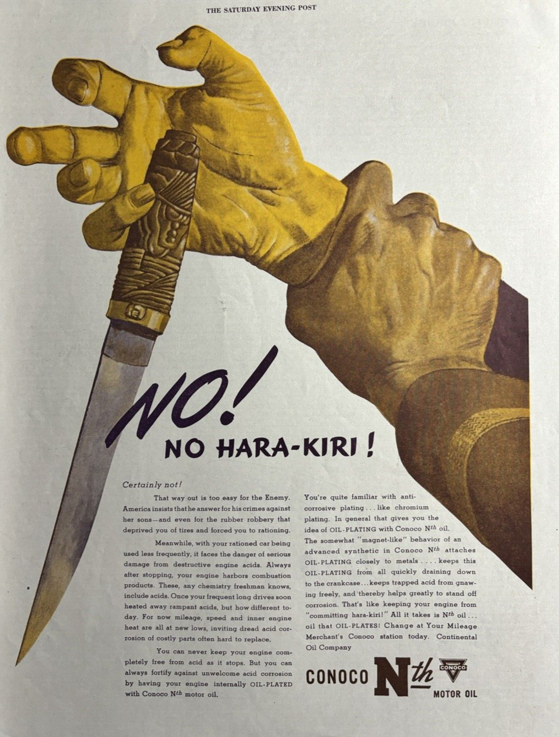 1944 Conoco Nth Motor Oil No Hara Kari WWII Continental Oil Plating VTG Print Ad
