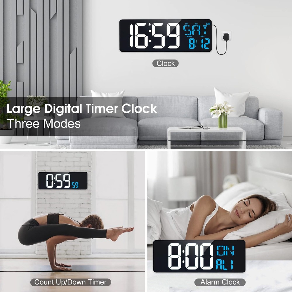 17-in Digital Wall Clock, Bluetooth Sync, Auto-Dimming, Remote, Date, Temp