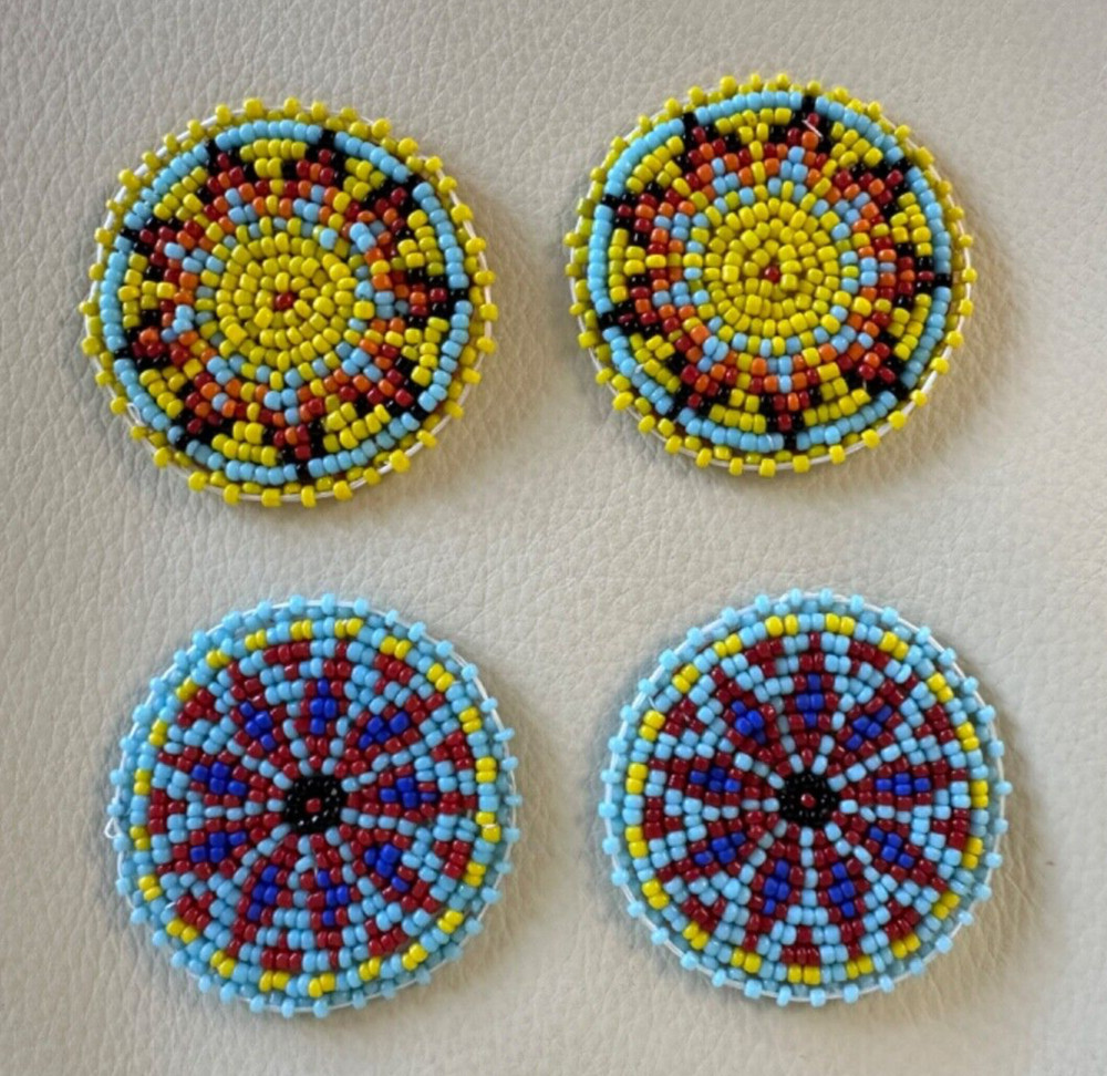 4- Multicolor Patterned Beaded CIRCLE LEATHER BACKS Native American Design 2”