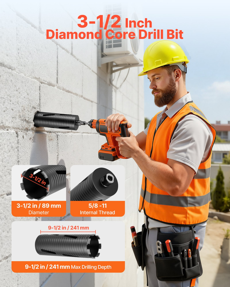 Core Drill Bit, 3-1/2 inch Diameter, 9-1/2 inch Drilling Depth, and Masonry