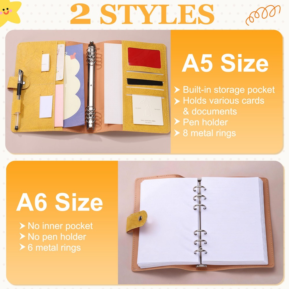 A6 Textured PU Leather Binder Protector, 6 Ring Waterproof Binder Cover, Yellow