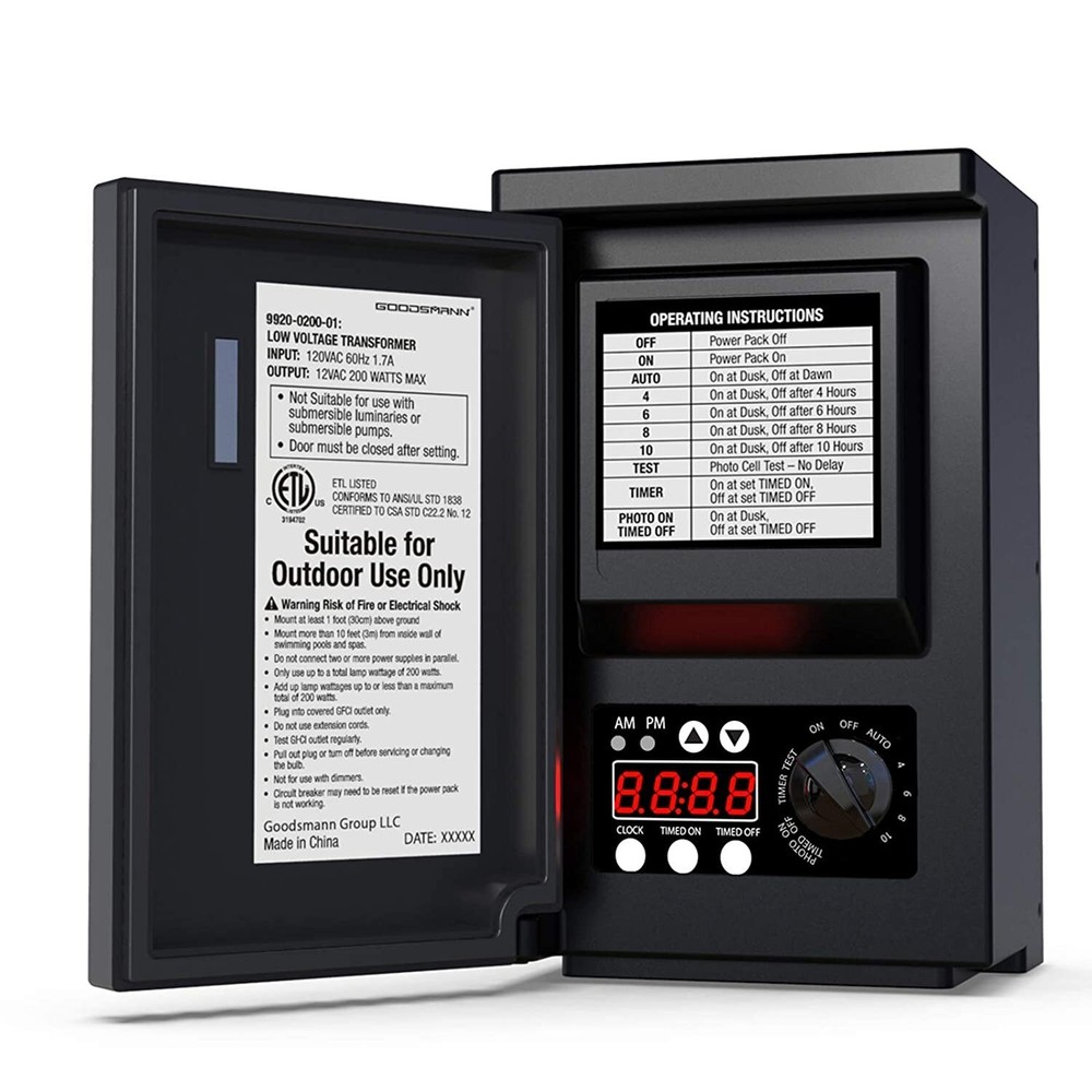 GOODSMANN Low Voltage Transformer 200 Watt with Timer, Photo Eye Sensor