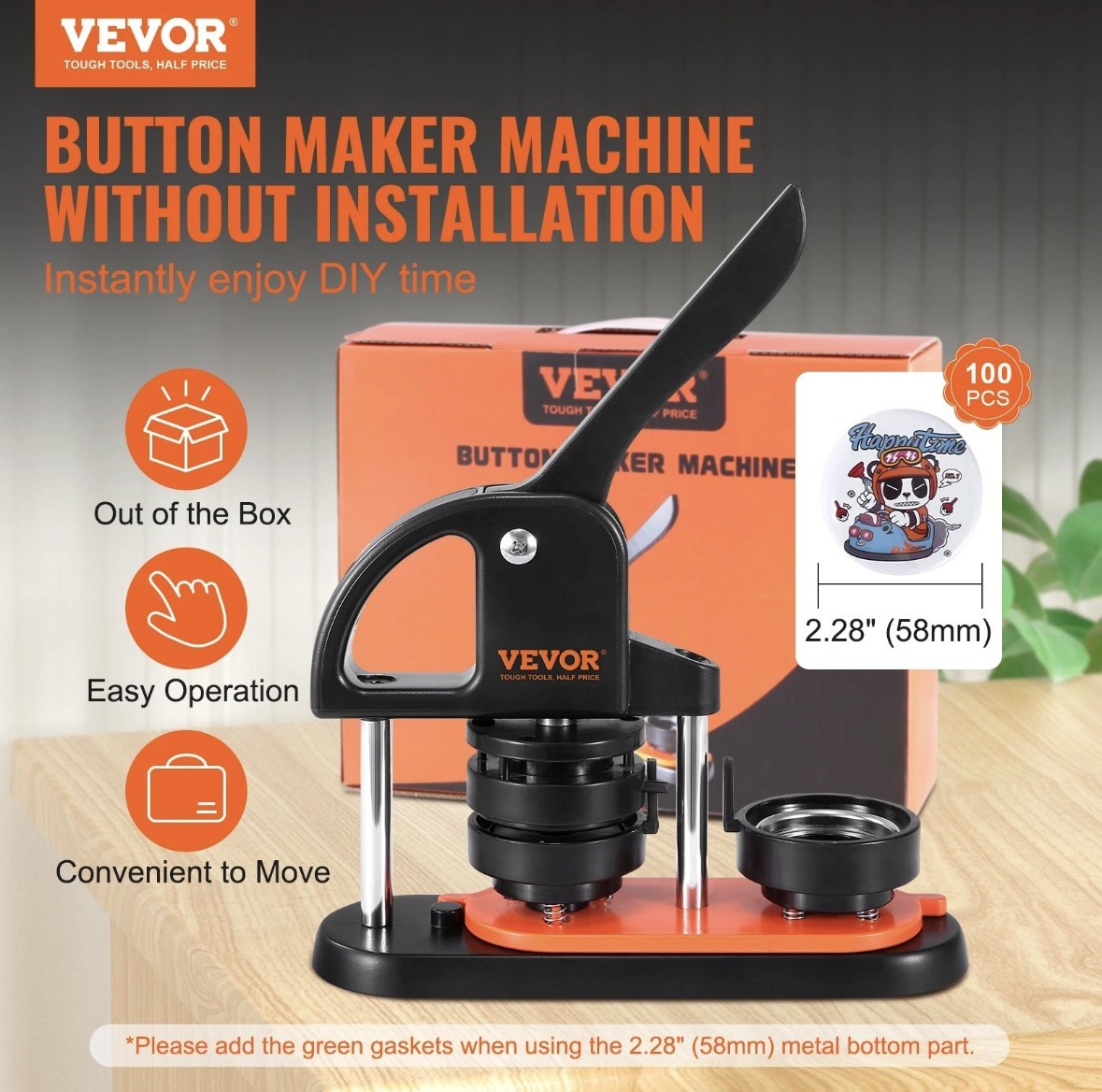 Button Maker Machine, 2.28 inch/58mm Pin Maker with 100pcs Button Parts, Ergono