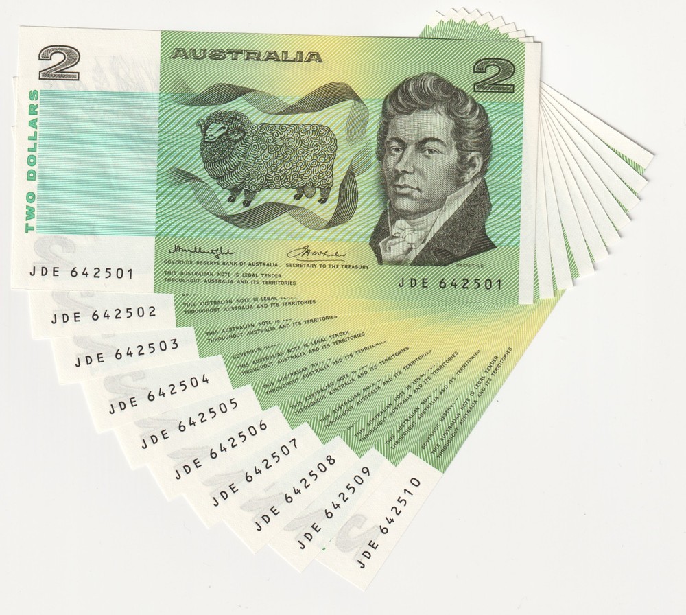 1976 Australia 10 X $2 Consecutive UNC Banknotes - R86c OCRB Side Thread # 36553