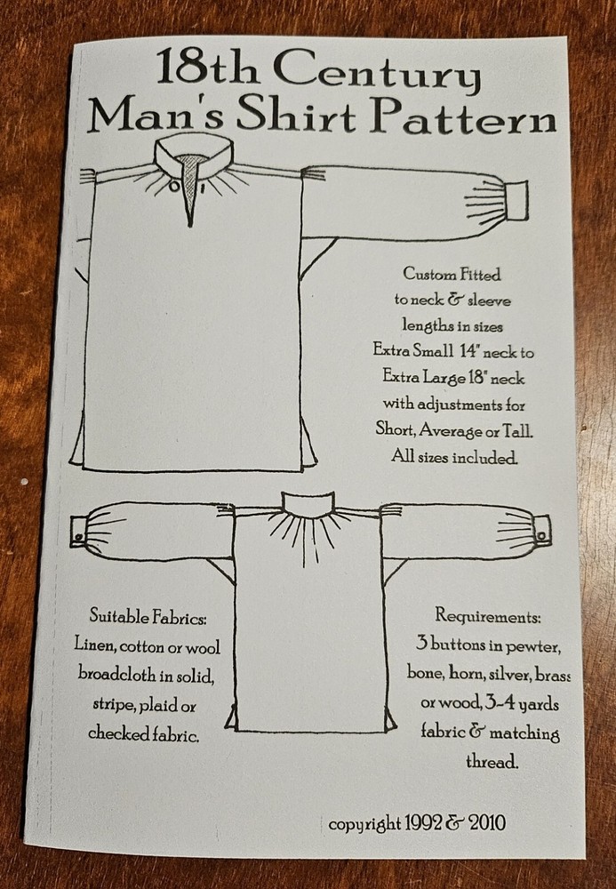 18th Century Man's Shirt Pattern Sizes Small - Extra Large (Sewing Pattern)