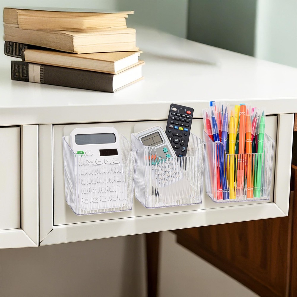 6 Pack Wall Mount Storage Bins Plastic Hanging Self-Adhesive Hooks Stackable