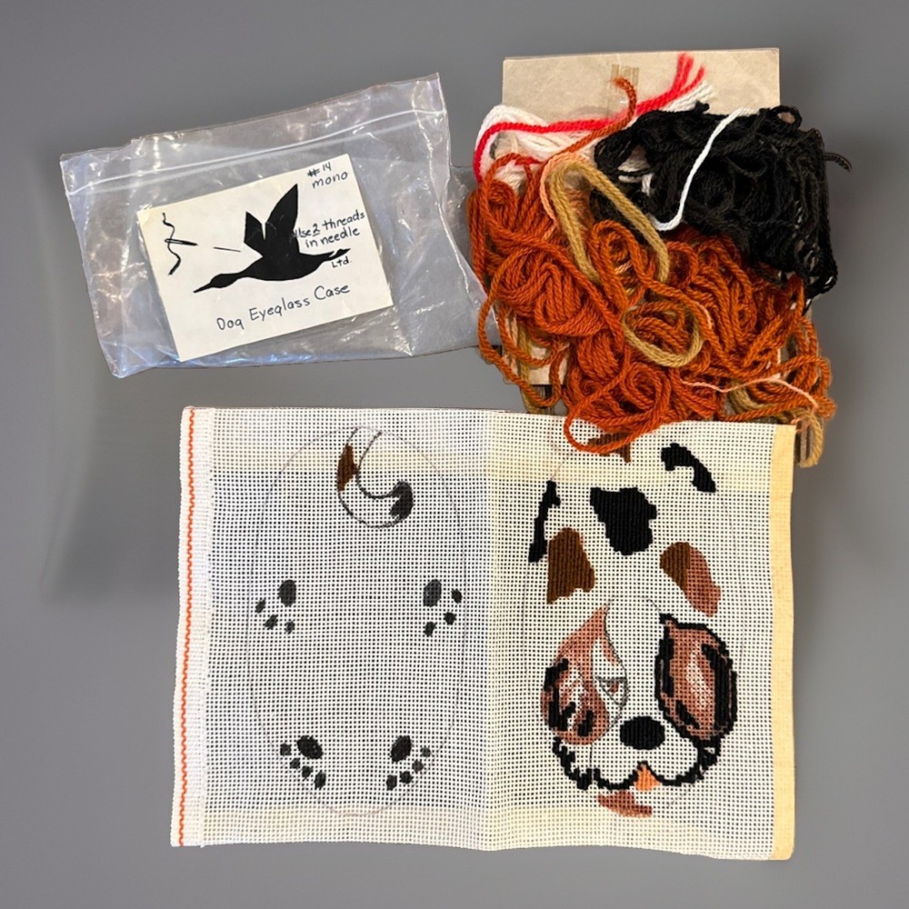 VTG Needlepoint Eyeglass Case Kit Dog Canvas Thread Partially Completed