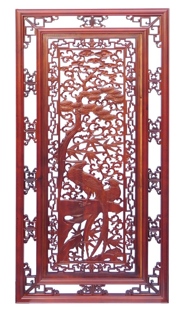 Chinese Oriental Rectangular Vertical Birds Wood Wall Panel cs1362-2