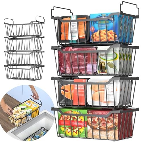 Freezer Organizer Bins with Foldable Handle Pack Stackable Freezer 8 Black