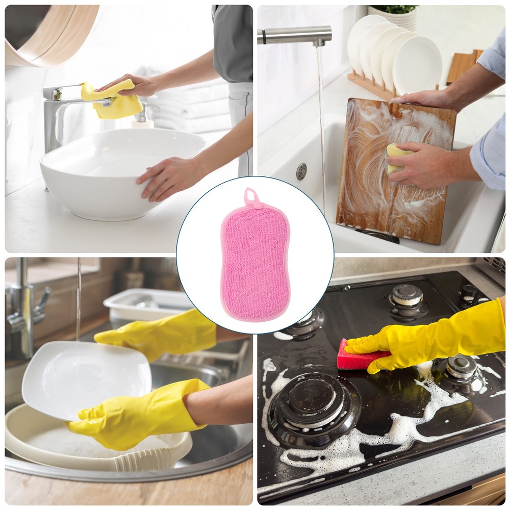 5 Pcs Multipurpose Microfiber Kitchen Dish Sponge Scrubber Pads, Pink