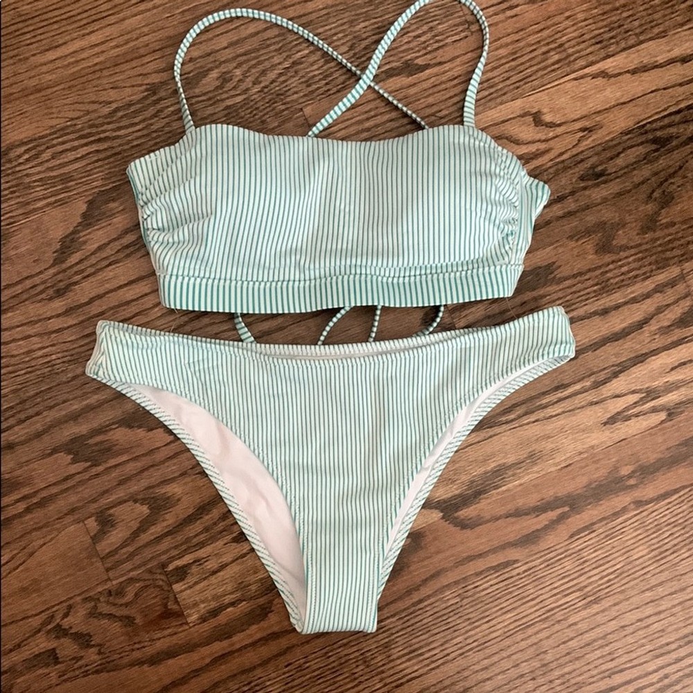 Shade & Shore Striped Green Bikini Set
