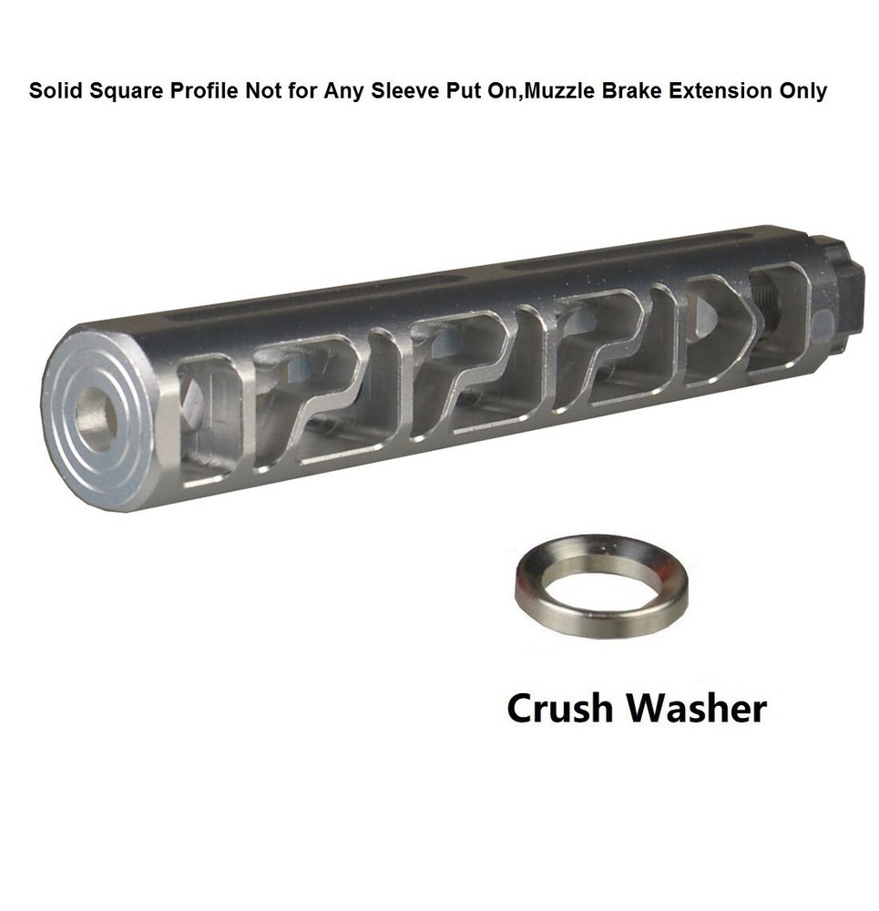 Silver 6" Solid PC Low Concussion 1/2x28 TPI Muzzle Brake Adapter Washer Include