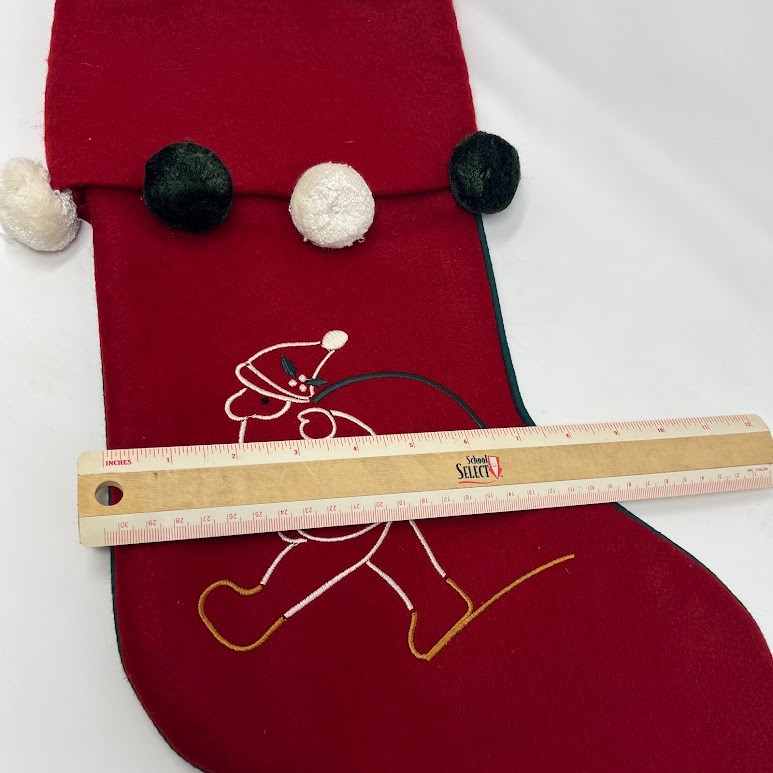 Vintage Red Christmas Stocking Santa Applique Felt Pom Pom Trim Holiday Decor