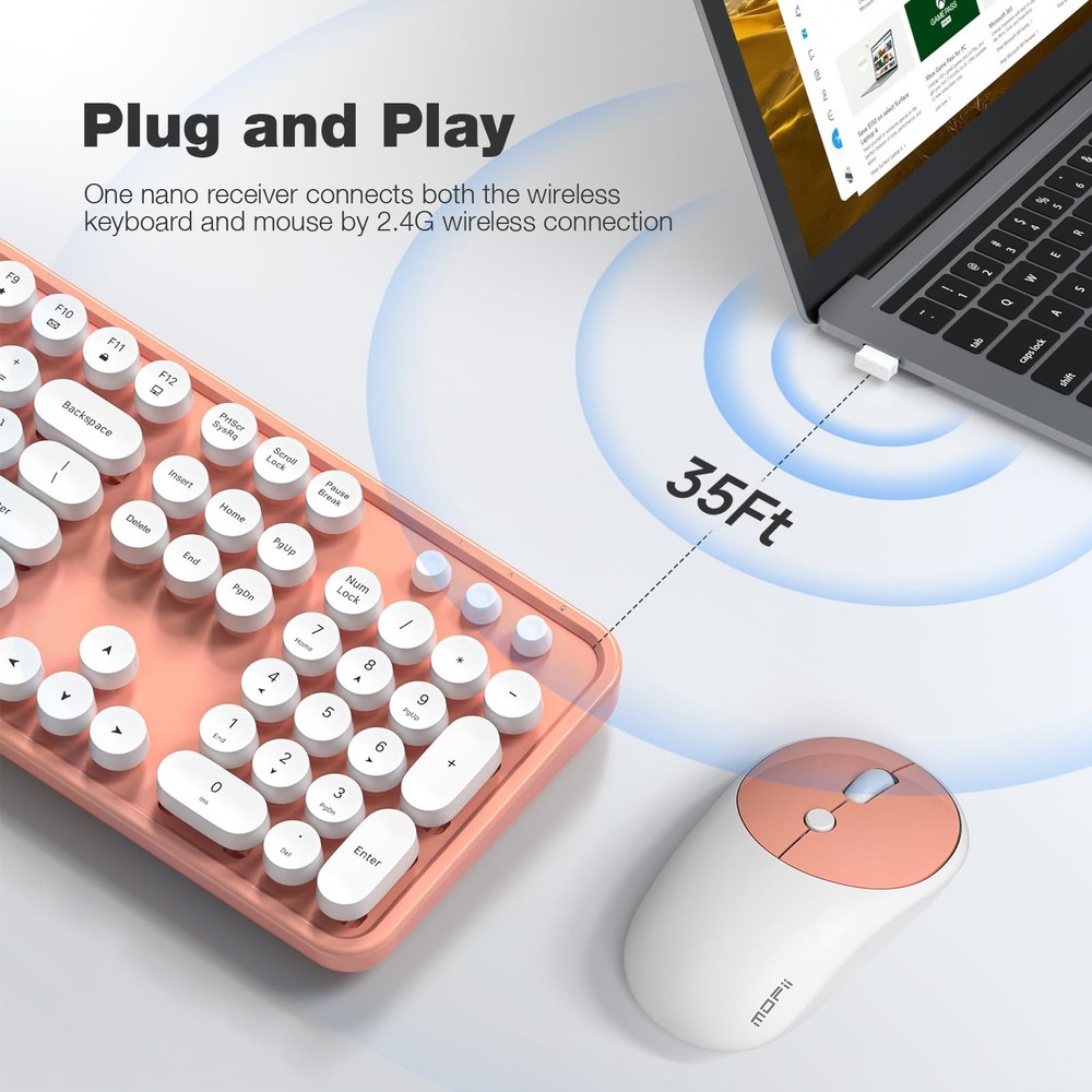 Wireless Keyboard Mouse Combo Full Size 2.4G Typewriter Retro Light Orange