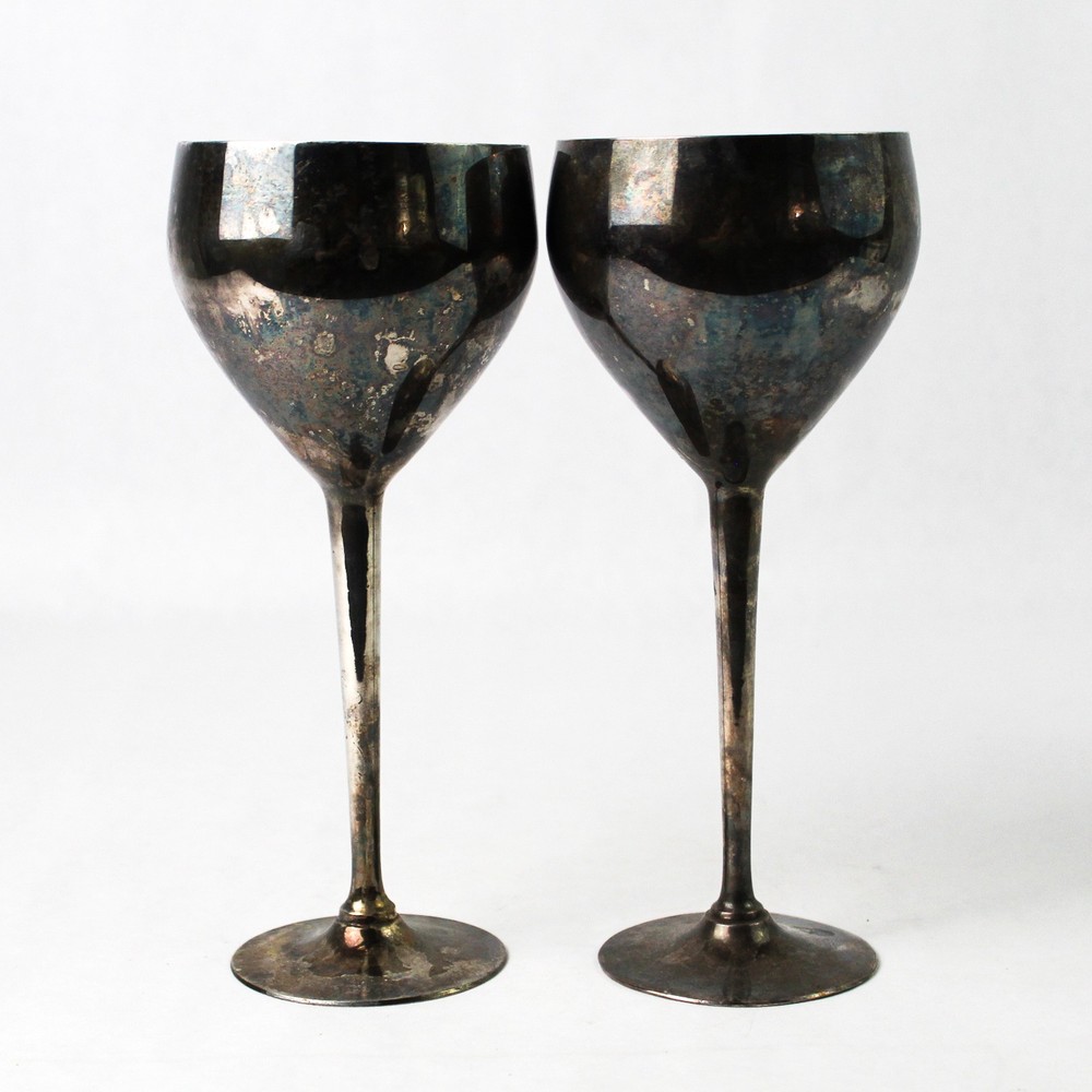 Lot of 2 Vintage Mid Century Modern Silver Plate Wine Goblets 8.25 Inch Tall