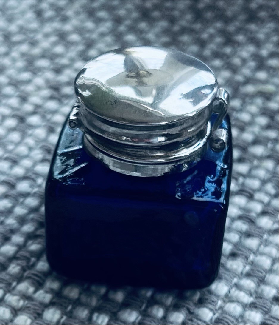 Vintage 1978 Square Cobalt Blue Glass Inkwell Bottle Sterling Silver Top