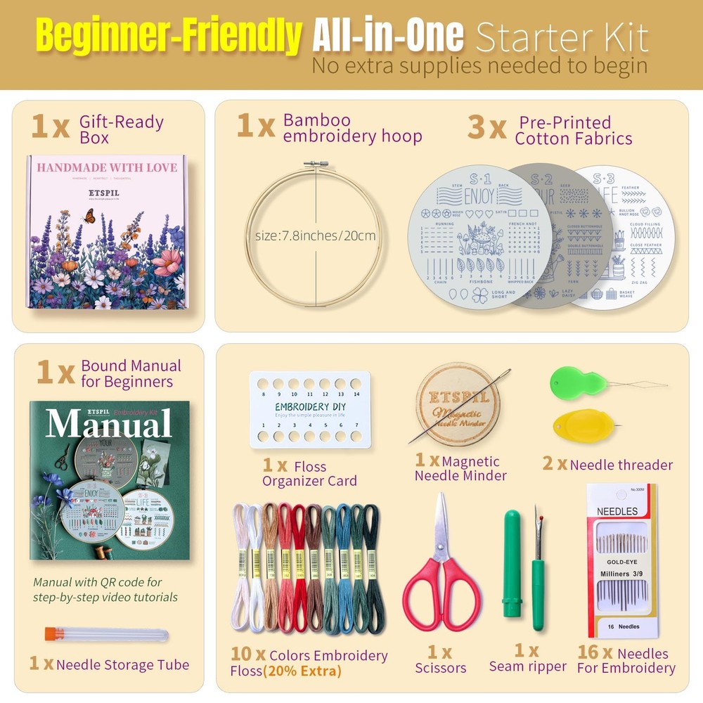 ETSPIL Embroidery Kit for Beginners, Easy Step-by-Step 4K medium, simple B