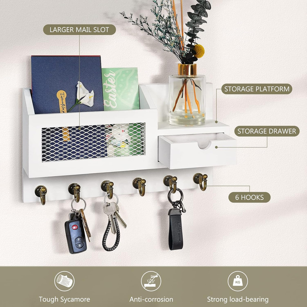 Key Mail Holder Wall Organizer With Hooks Drawer Rustic Entryway Storage White