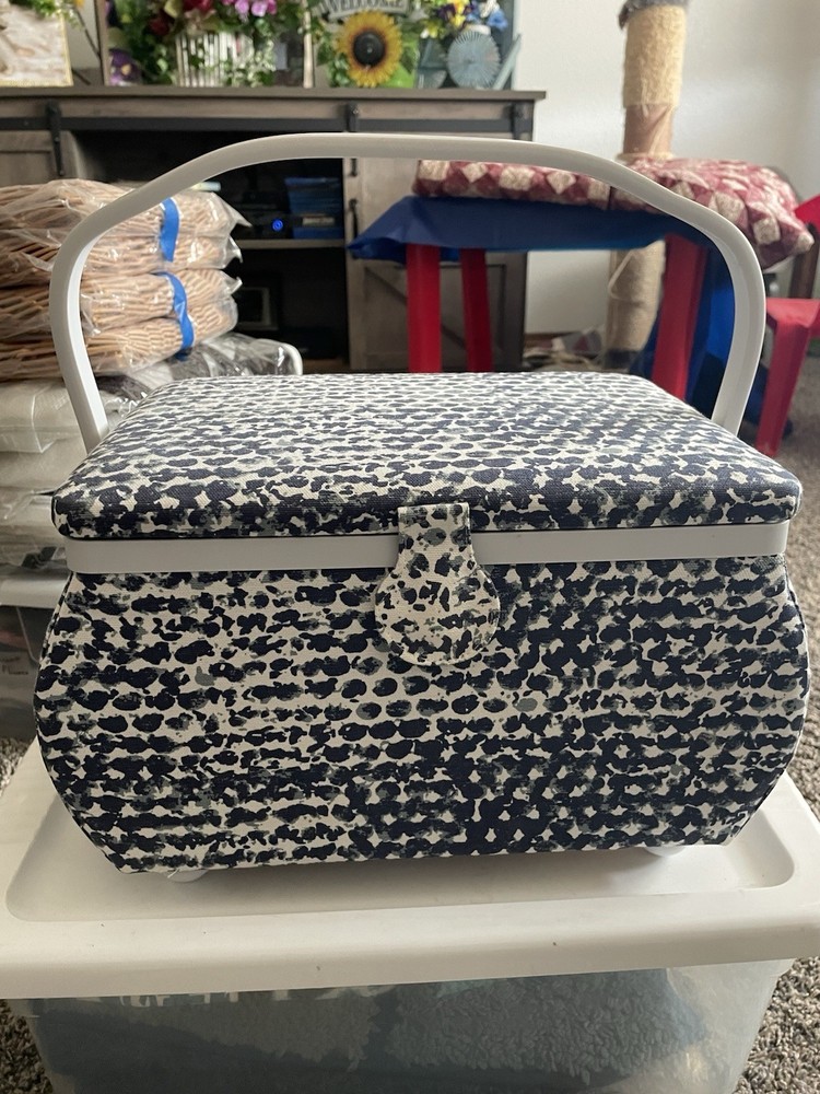 Cloth Covered Rectangle Sewing Basket.