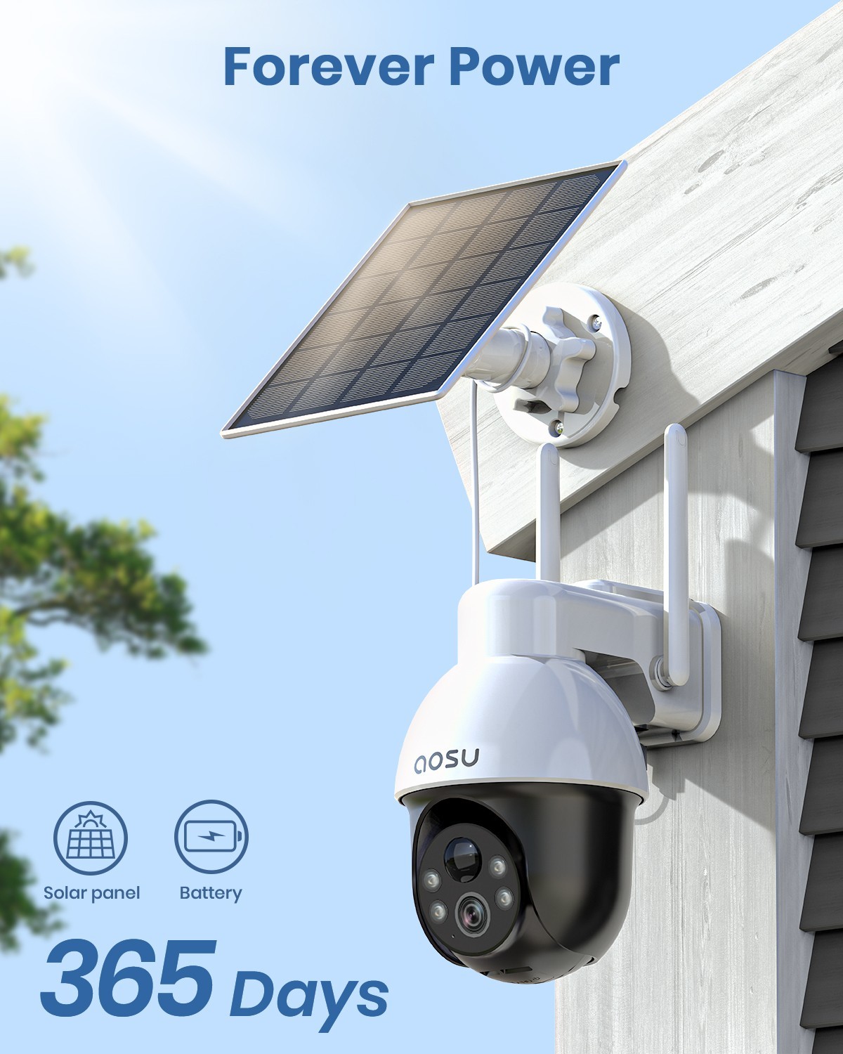AOSU Solar Security Camera Wireless Outdoor 3KSurveillance work with Alexa,2pack