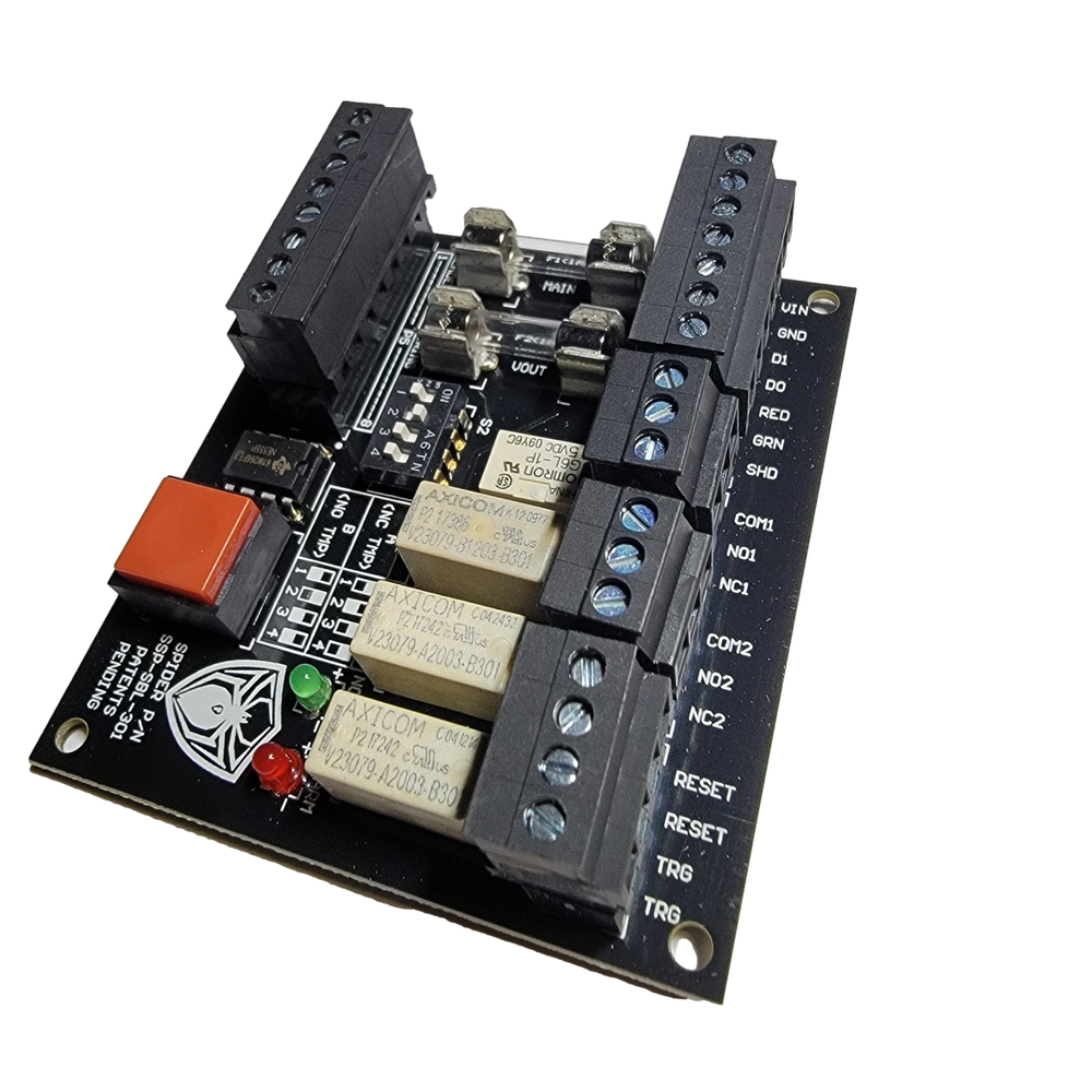 Spider Latching 12VDC DPDT Relay Module / Panel Mounted / Pulse Trigger / LED