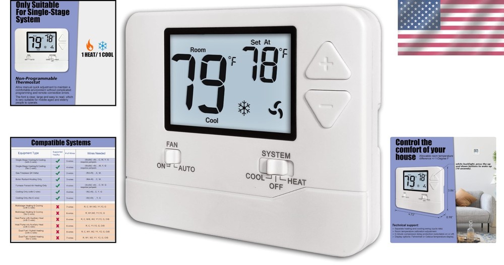 Modern White Backlit Thermostat for Efficient Single-Stage Climate Control