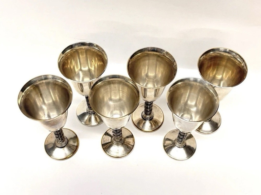 6 Silver Plate 4” GOBLETS Grapevine Stem Stamped: MADE IN SPAIN Visiuc, S. L.