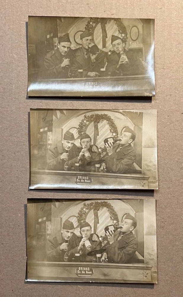 US Army Soldiers Posing w/ Alcohol Bottles "Drinks on the House" Postcard Photos