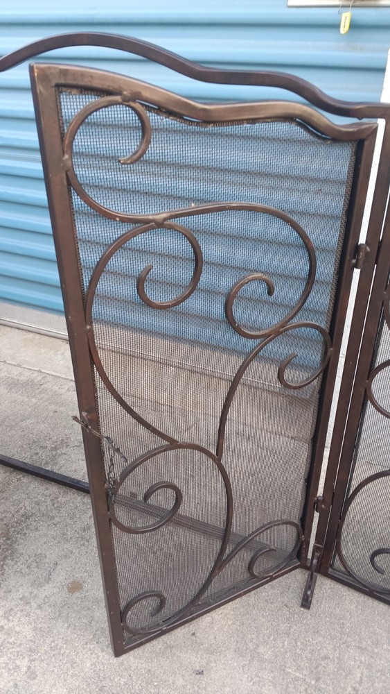 Modern 3 Panel Iron Folding Fireplace Screen with Doors, Black